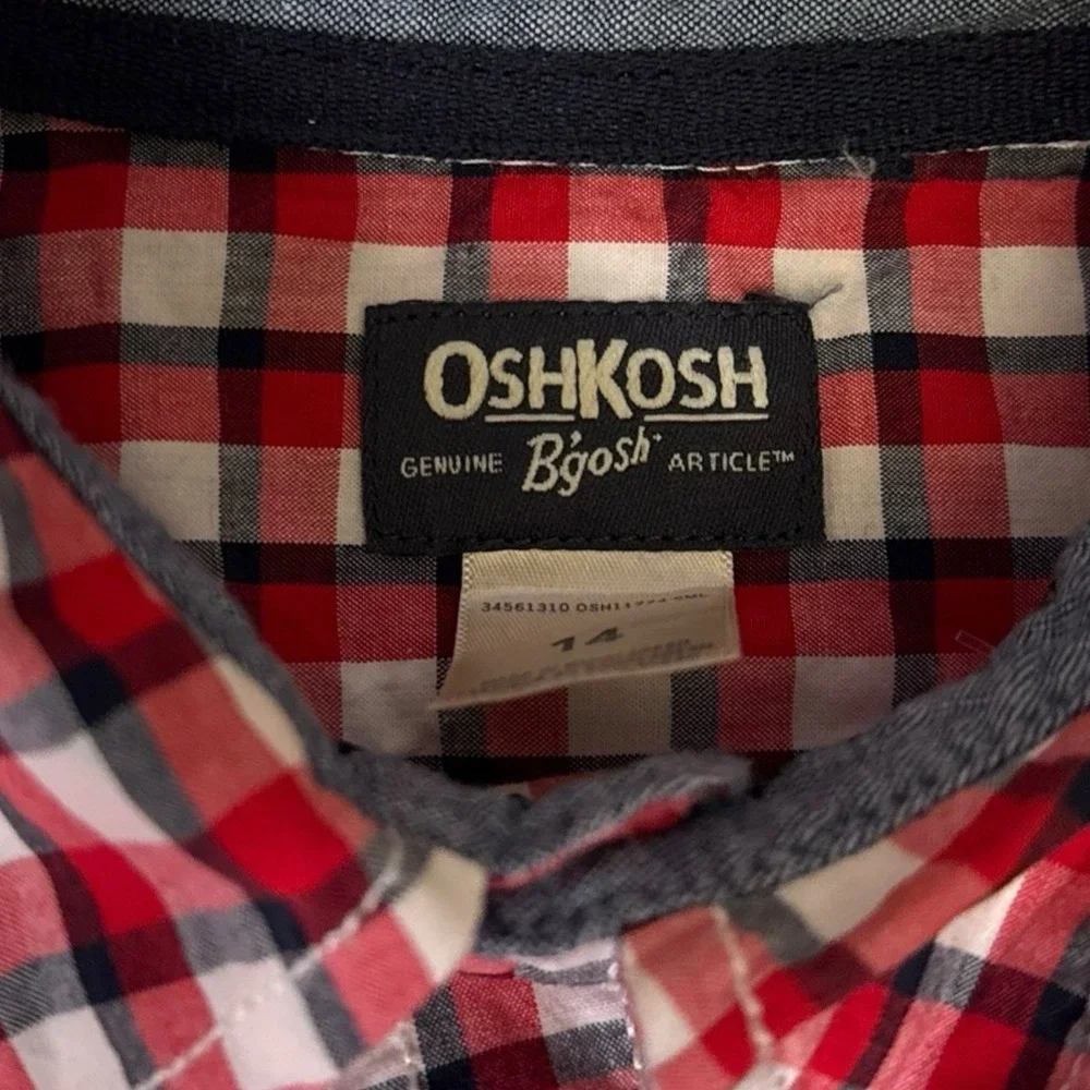 Osh Kosh Boy's‎ Flannel Plaid Shirt Plaid Size 14 Red Blue Button Down Farm 474